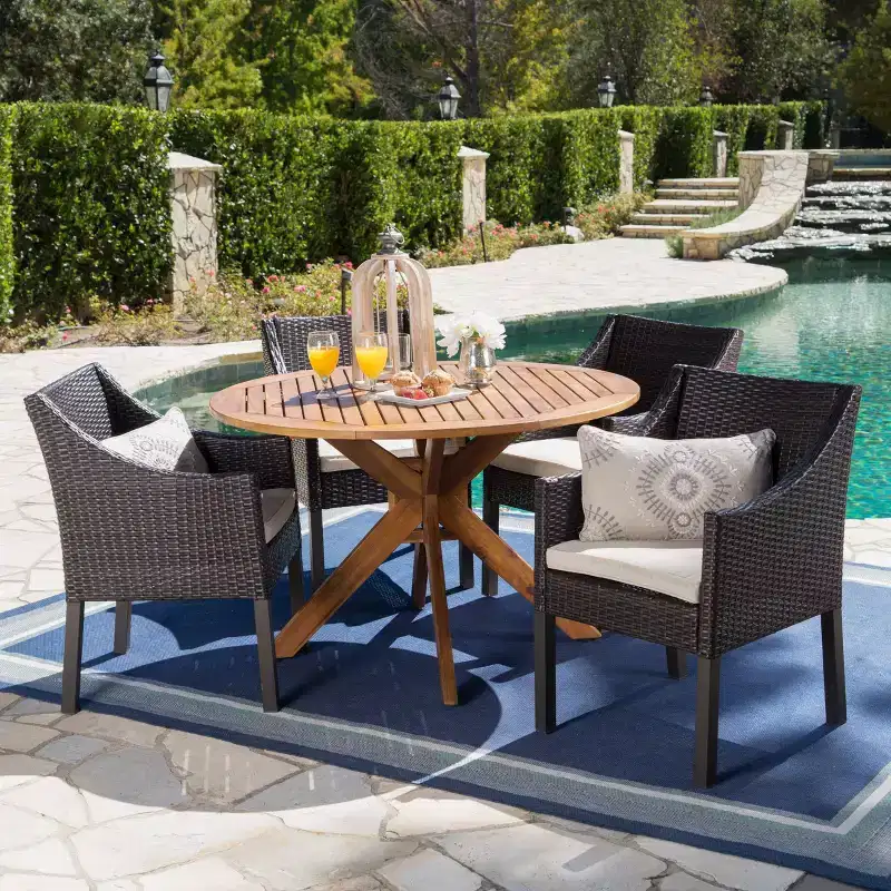 Christopher Knight Home Owen Outdoor Acacia Wood and Wicker 5 Piece Dining Set with Cushion