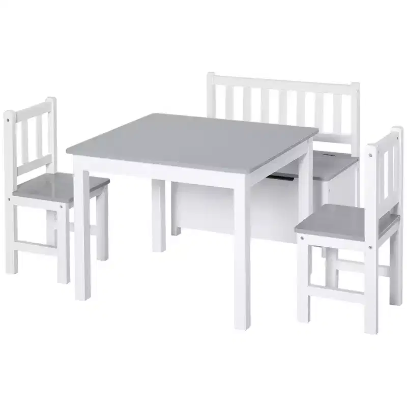 Qaba 4-Piece Kids Table Set with 2 Wooden Chairs, 1 Storage Bench, and Interesting Modern Design