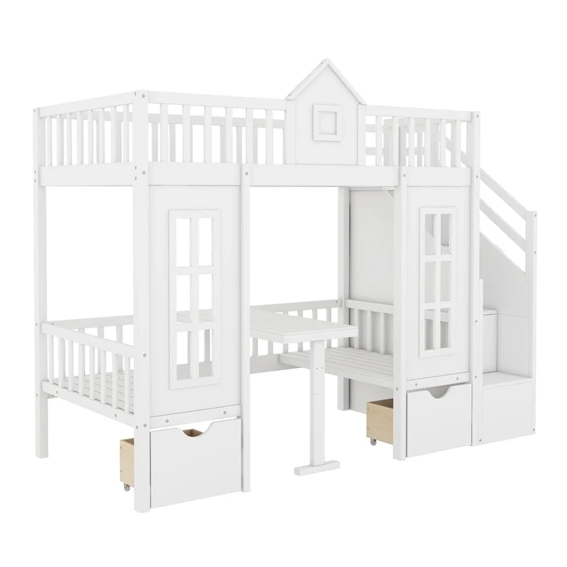 Twin-Over-Twin Bunk Bed with Changeable Table, Bunk Bed Turn into Upper Bed and Down Desk -Gray