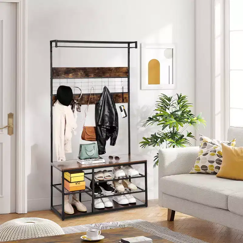 Brown Entryway Bench with Shoe Storage & Coat Rack, Sturdy Hooks & Shelves, Space-Saving Design for Hallway, Living Room, Apartment