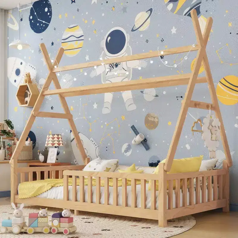 TUYOHW Twin Size Toddler Floor Bed with Fence and Roof for Kids,Modern House Montessori Bed with Light for Bedroom