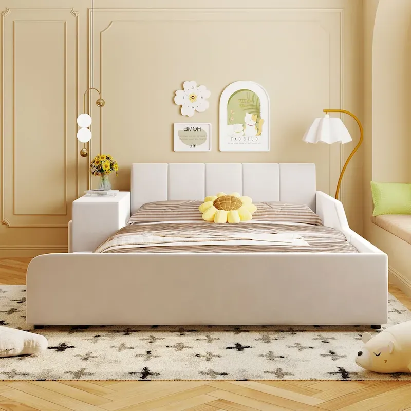 Full Size Upholstered Grounded Bed, Mother & Child Bed with Bedside Desk and Little Round Stool, Velvet