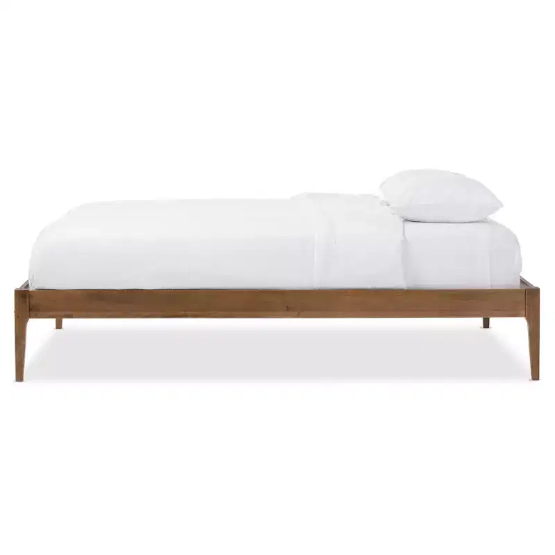 Queen Mid-Century Modern Solid Wood Bed Frame Walnut Brown : Rubberwood, No Box Spring Needed