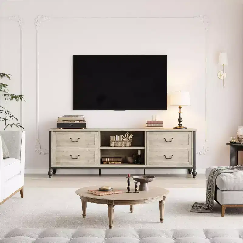 TV console with storage, mid-century modern TV unit featuring 4 metal Roman columns and 4 drawers, perfect for the living room.