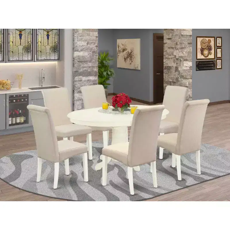 HomeStock 7-Piece Oval Linen White Finish Solid Wood Top Dining Table with 6 Parson-Chairs with Butterfly Leaf