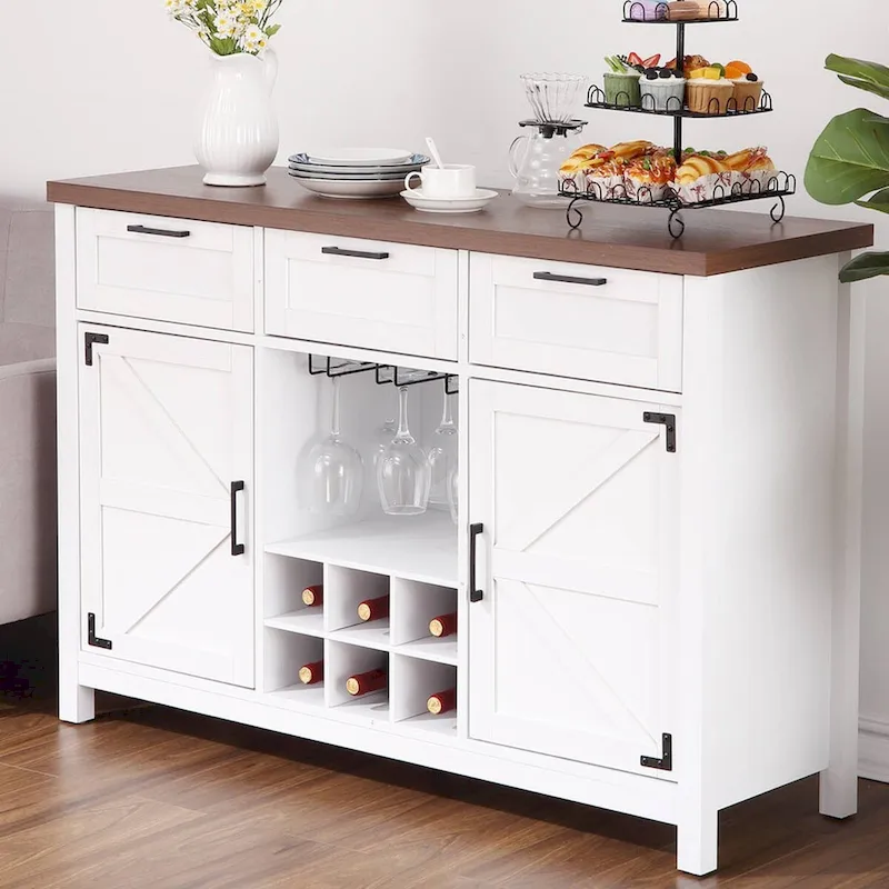Wine Bar Cabinet, Sideboard with 3 Drawers and Cup Rack