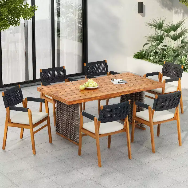 Christopher Knight Home Helena Rustic 7 Piece Outdoor Woven Rope Acacia Wood Dining Set with Rattan Slatted Table
