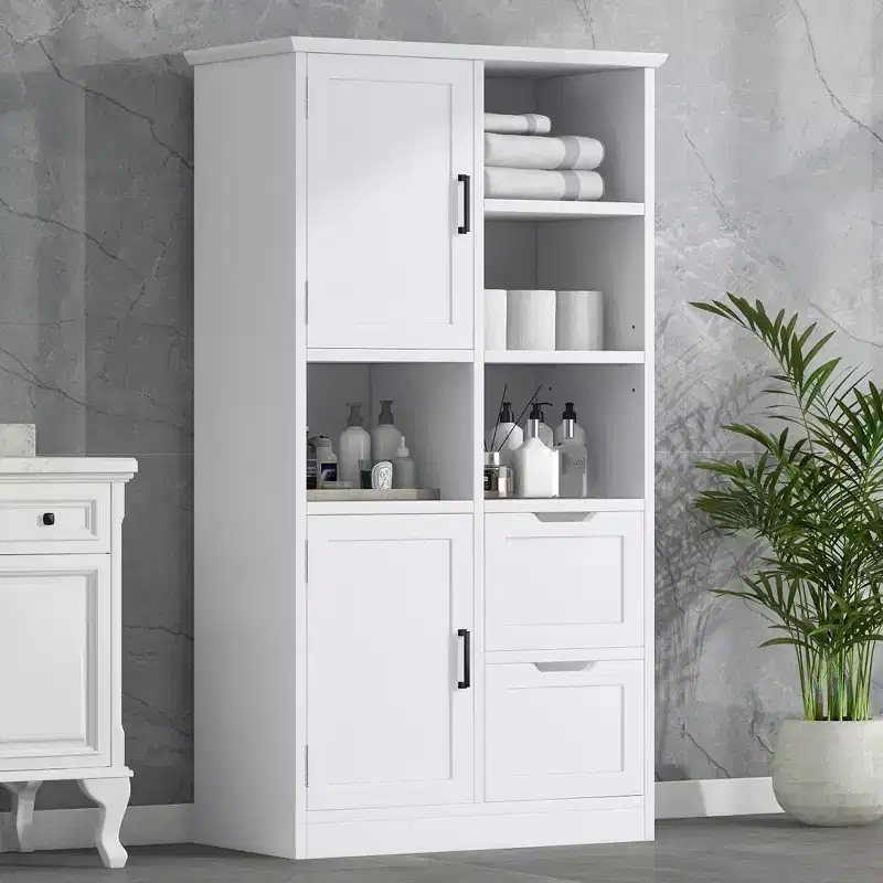 62in Freestanding Bathroom Storage Cabinet with Doors and Drawers, Multiple Storage Space, Open Shelve & Adjustable Shelf, White