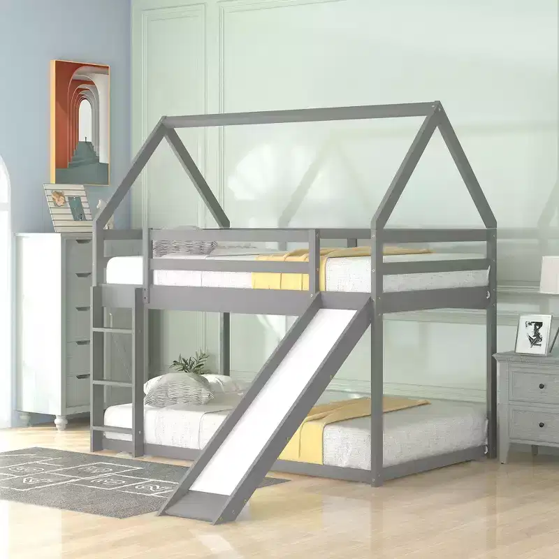 Twin over Twin Floor Bunk Bed with Slide, Ladder, Guardrail and Roofs for Girls Boys