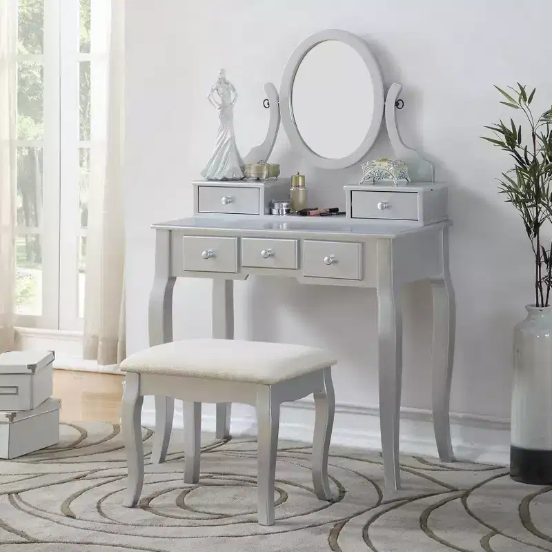 Contemporary Makeup Vanity Desk with Mirror, 5 Drawers, Matching Stool for Bedroom, White Finish, Space-Saving Design