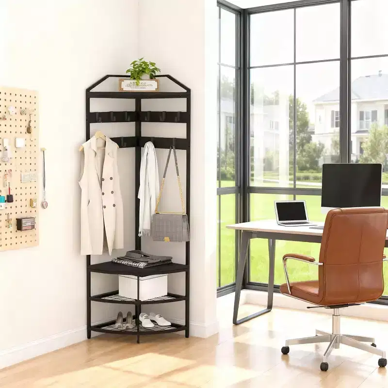 Black Corner Coat Rack – 4-Tier Shelves & 6 Hooks, Single User