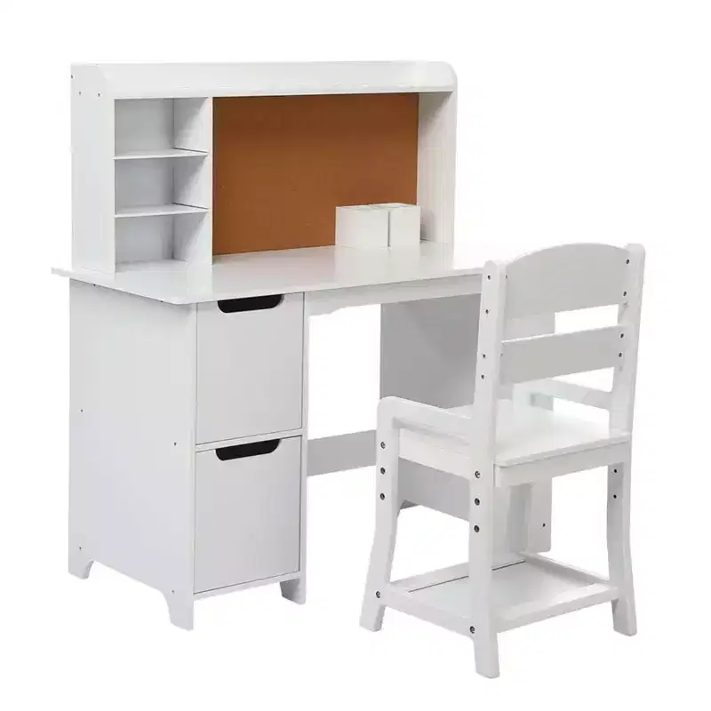 GustoWave Kids Desk and Chair Set with Bookshelf & Cork Board, Wooden Study Table with Storage for Children Ages 3-8, White
