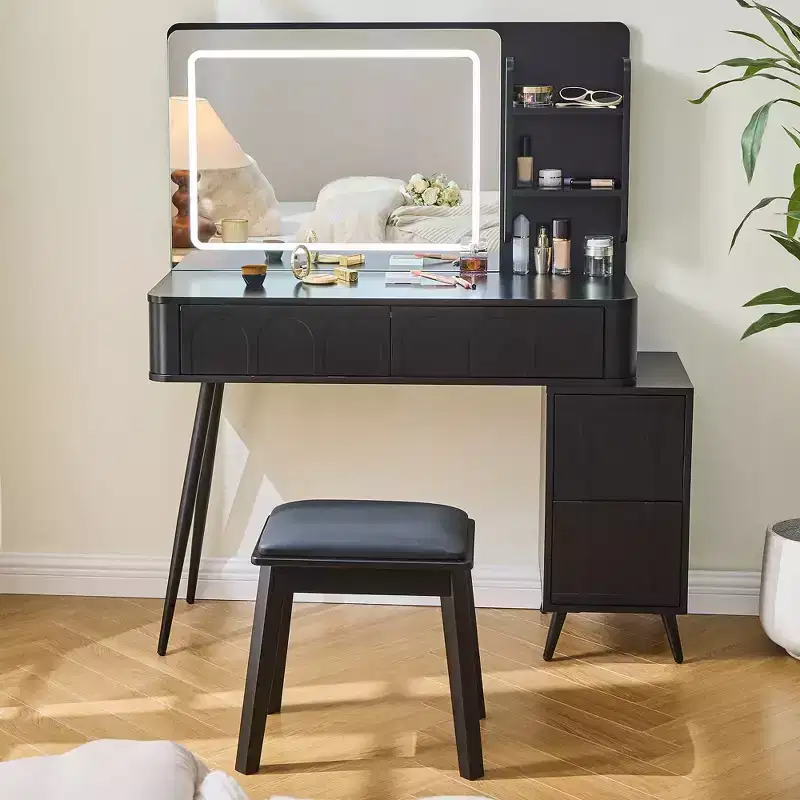 Modern Corner Makeup Vanity Desk with Lighted Mirror, 4 Drawers, Side Cabinet, Matching Stool, and Open Shelves for Bedroom