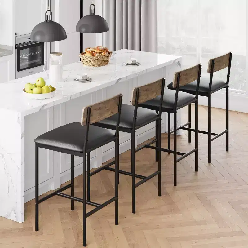 Set of 4 Gray Upholstered Counter Stools  Modern 25.5 Dining Chairs with Metal Legs, Footrest & Backrest for Kitchen Island or Dining Room