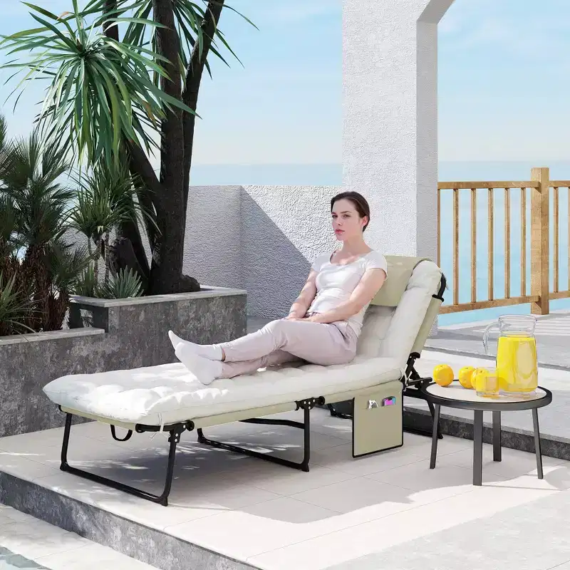 Folding Chaise Lounge Pool Chair with 4-level Reclining Back, Cushion, Side Pocket, Headrest
