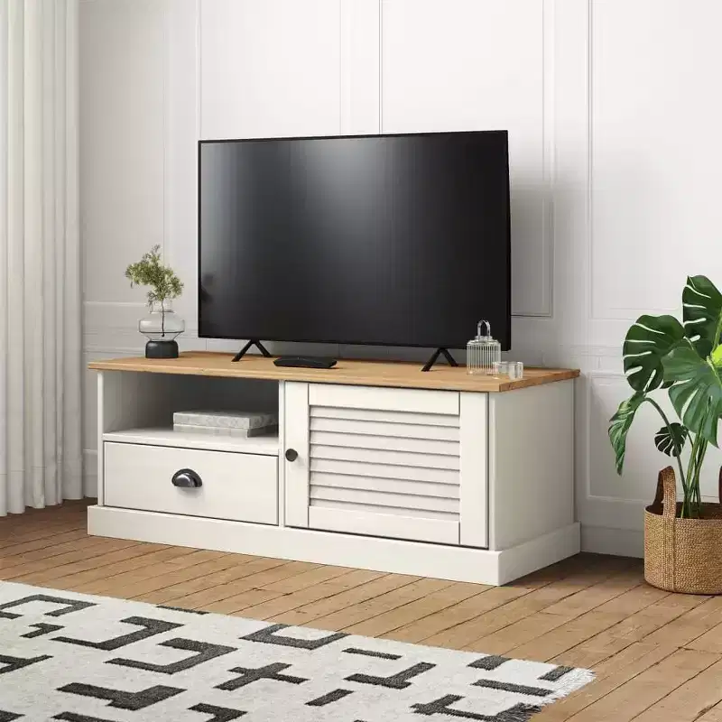 White Solid Wood Pine TV Stand Entertainment Center - 41.7x15.7x15.7 with Drawer, Open Shelf & Cabinet
