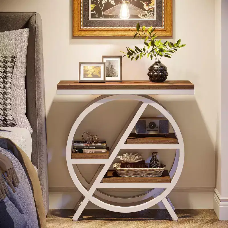 Lantine End Table for Living Room, 3-Tier Narrow Side Table with Storage, Wood Sofa Side Table for Bedroom, Light Brown & White