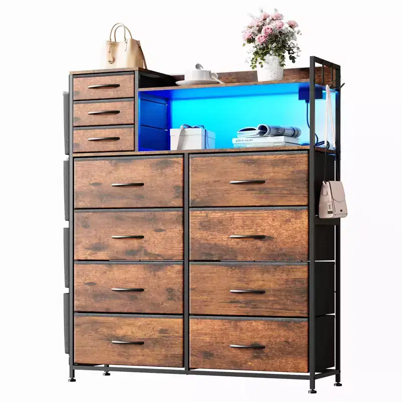 Fabric 11-Drawer Dresser with Charging Station & LED Lights