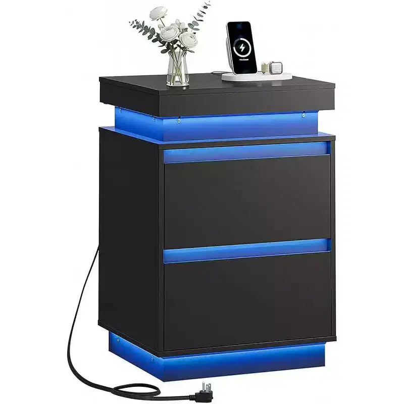 LED Light Nightstand with Charging Station - 2 Wooden Drawers & Sliding Top, Modern Bedside End Table for Bedroom, Living Room