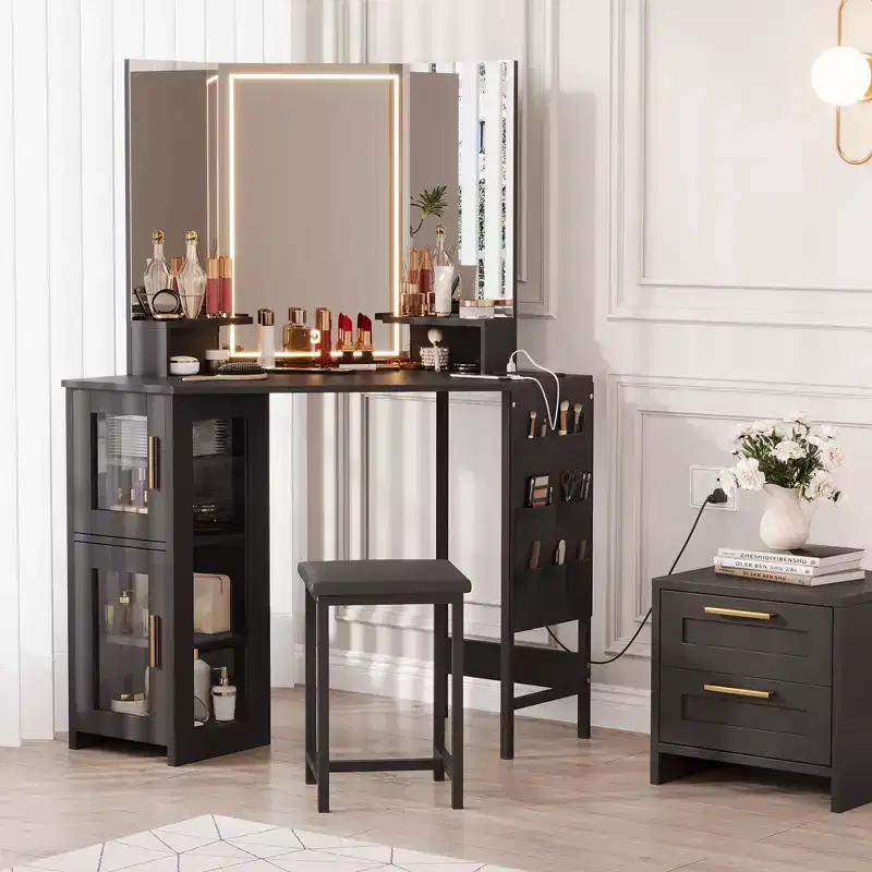 Corner Vanity Desk and Stool, Corner Makeup Vanity with LED Lighted Mirror Charging Station and Cabinet for Bedroom