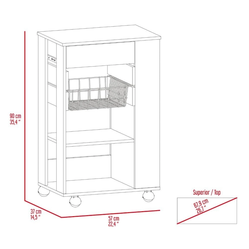 Kitchen Cart, One Drawer, Two Open Shelves, Four Casters -White / Light Oak