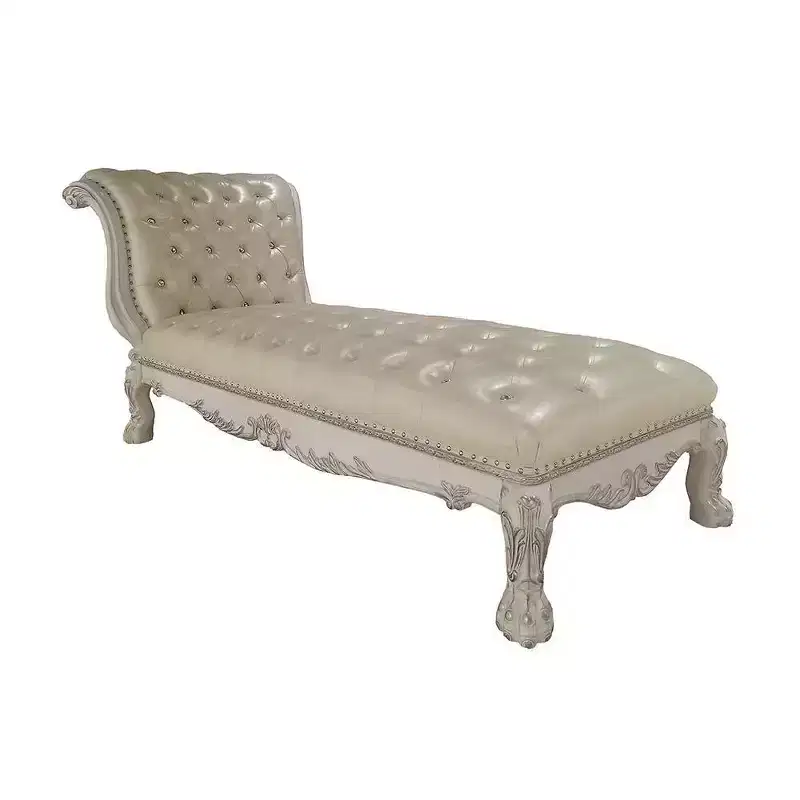 82" Chaise Lounge Leather Aire and Bone White Finish -: Elegant Nailhead Trim, Wood Frame, Dry Dust Care