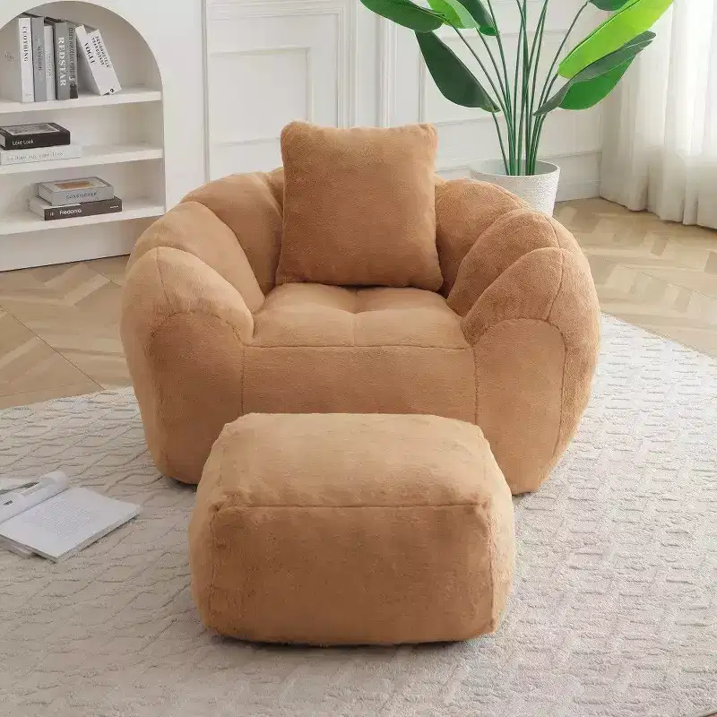 Okak Shell Shaped Bean Bag Chair with Ottoman,Faux Fur Lounger Beanbag Chair & Footstool Set,Oversized Floor Sofa for Adults,Khaki