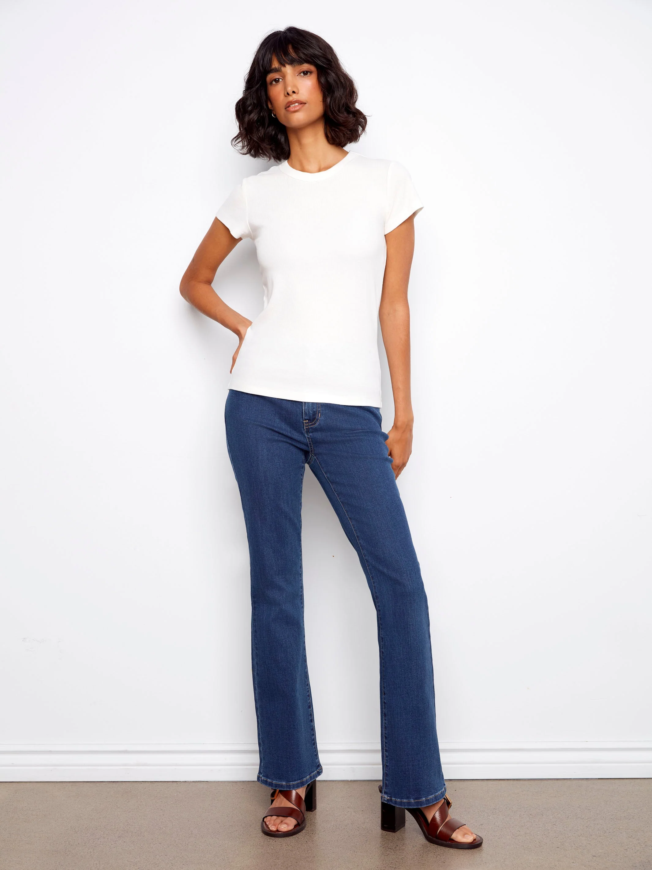 Soft Fabric Ribbed Crew Neck T-Shirt - White