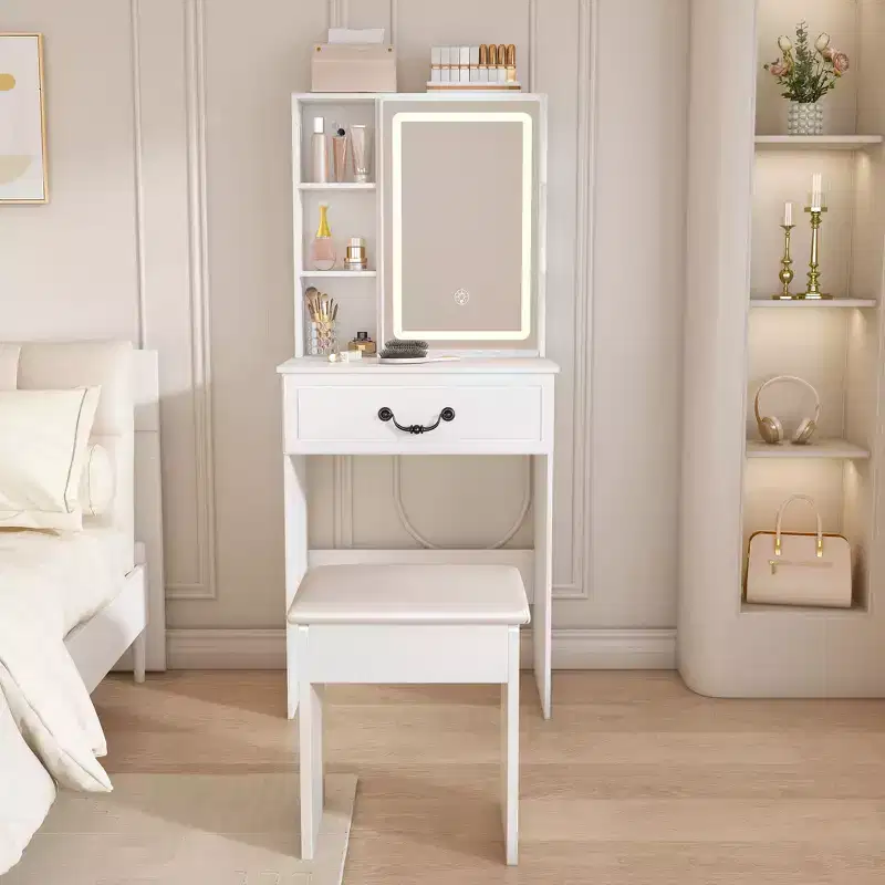 GDFStudio Althea Modern Mirror Vanity Table with LED Lights, 1 Drawers, Shelves and 1 Padded Stool