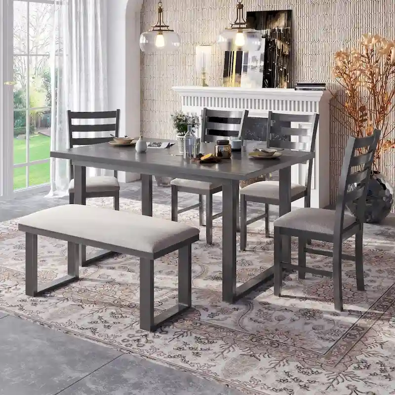 6-Pieces Dining Room Set with Table & 4 Chairs with Bench