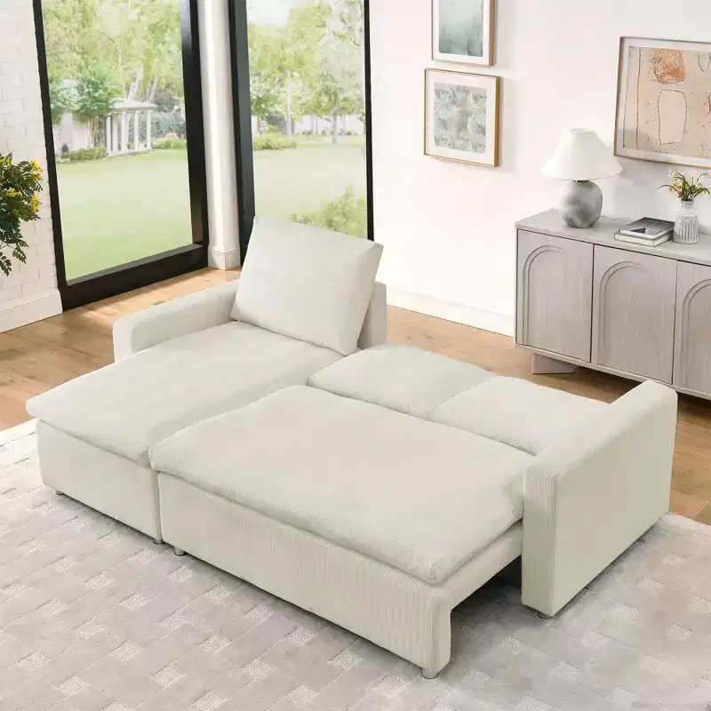 Okak 90 L Shaped Convertible Sleeper Sofa Bed, Sectional Couch Pull Out Bed with Storage & Removable Corduroy Covers for Living Room