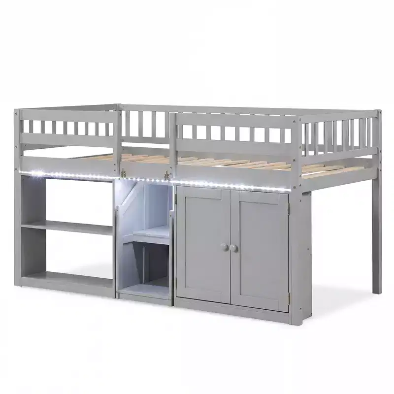 Low Loft Bed with LED Light, Stairs & Guardrails, Kids Twin Bed