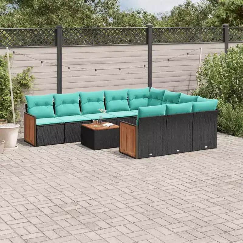 vidaXL 11 Piece Patio Sofa Set with Cushions Black Poly Rattan