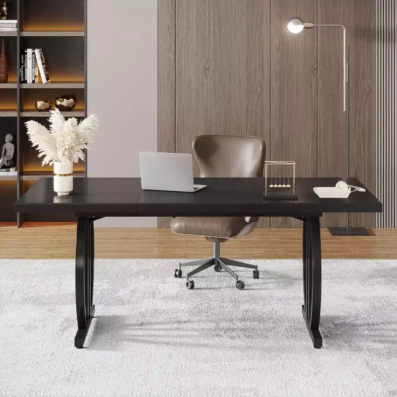 Lantine 63-Inch Computer Desk, Modern Executive Office Desk with Metal Frame for Home Office, Study Writing Table, Light Black