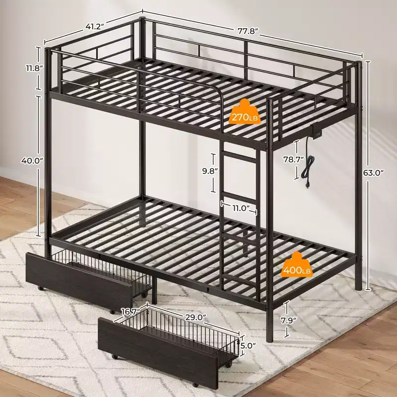 Metal Bunk Bed, Bed Frame with Storage Drawers & Charging Station and LED Light ,with Safety Guardrail & Ladders Black