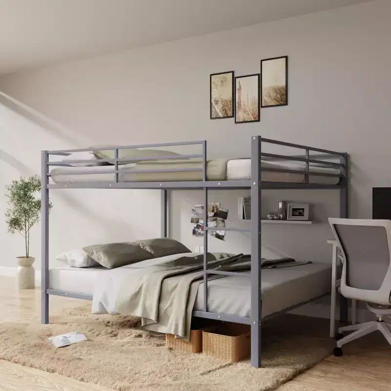 Full Over Full Bunk Bed, Heavy Duty Metal Bunk Bed Frame,No Boxspring Required, For Small Spaces,Gray