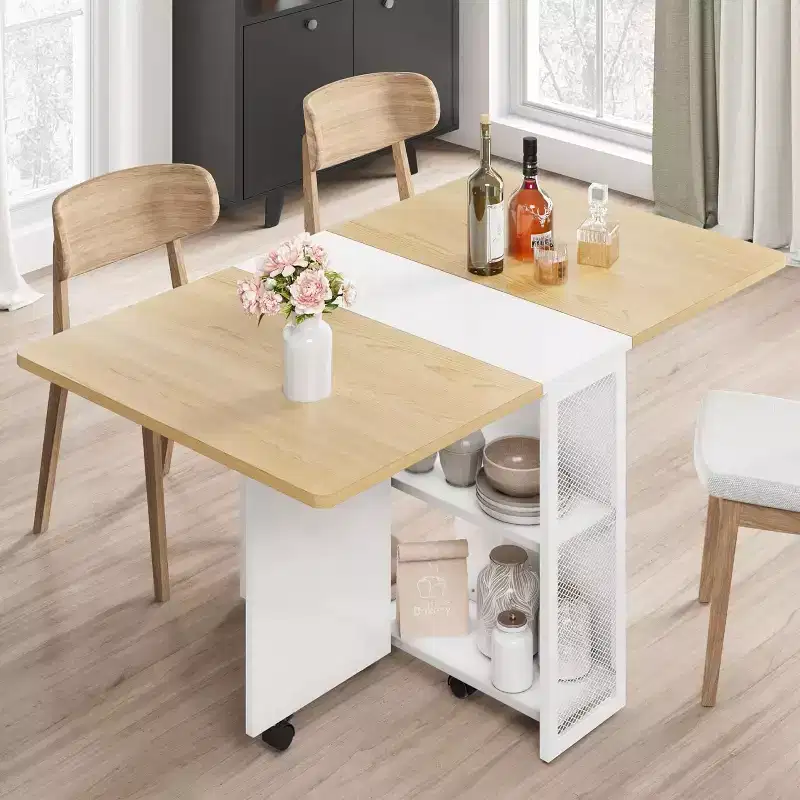Folding Dining Table, Drop Leaf Dining Table with 6 Wheels and 2-Layer Storage Shelf, Kitchen Table for Small Spaces ( 50.1 D x 31.4 W x 29.5 H)