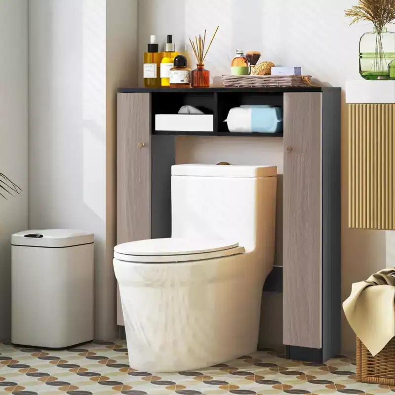 Over The Toilet Storage Cabinet Double Door Bathroom Toilet Storage Organizer Natural/White