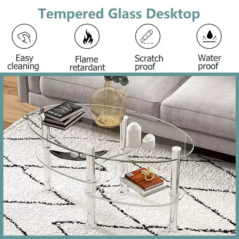 Oval Tempered Glass Coffee Table with Storage Side Shelf and Metal Legs 35 x 20 in Clear