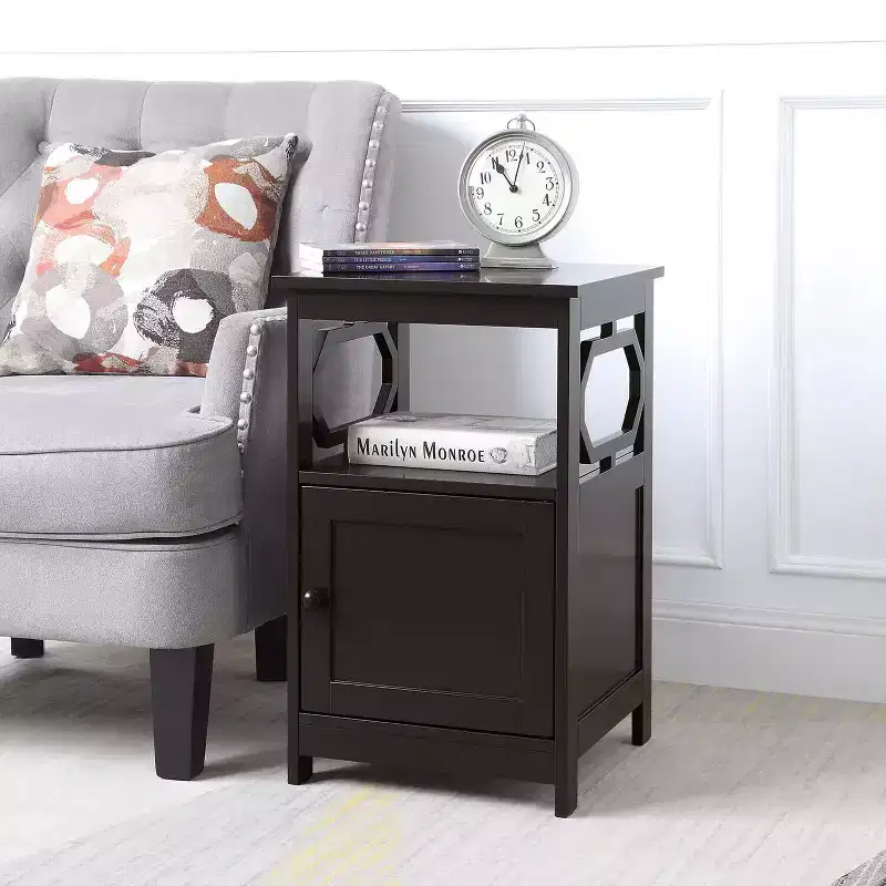 HomeStock Belmont End Table with Cabinet and Two Shelves, Octagon Side Design, Hidden Storage Space for Magazines and Electronics in Living Room