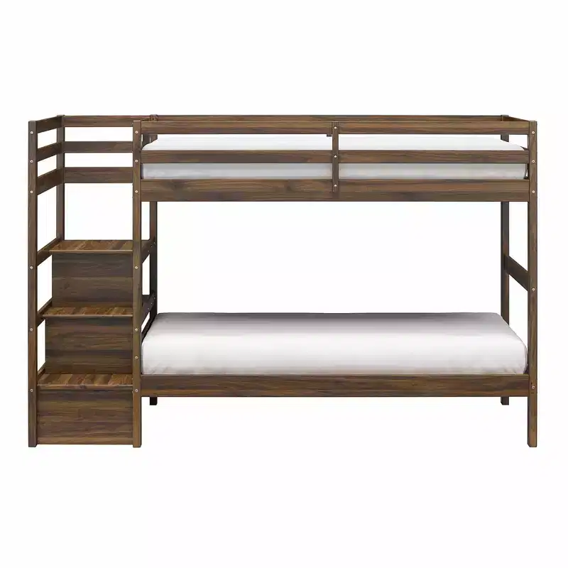 Twin over Twin Wood Bunk Bed with Shelf Stairs
