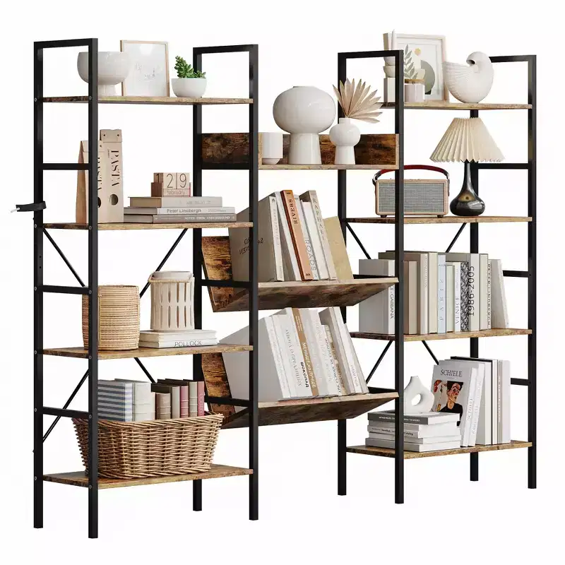 Brown & Black 4-Tier Industrial Bookshelf, Triple Column Open Shelving, Metal Frame