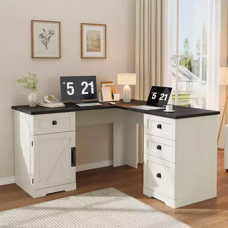 L-Shaped Executive Desk (60)  Farmhouse Office Corner Desk with File Drawers & Adjustable Storage Cabinet, Ideal for Home Office or Study