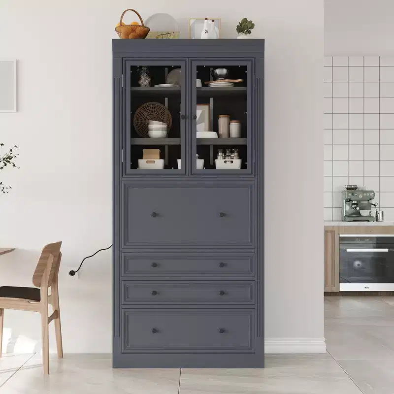 Zeus & Ruta 78 Freestanding Farmhouse Kitchen Pantry Cabinet with 3 Drawers, Adjustable Shelves and Power Outlet