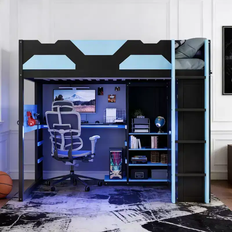 Luxystar Full Size Wood Loft Bed with Adjustable Desk, Wardrobe, Shelves & Pegboard