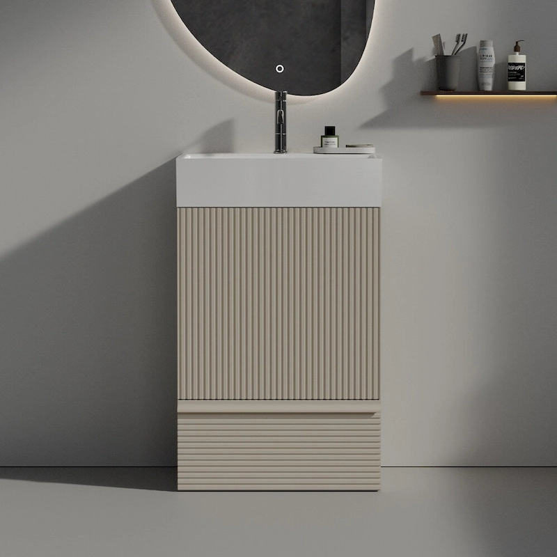 Single Sink Bathroom Vanity, Modern Grille-patterned Freestanding Vanity With Hidden Handle, Wood Bathroom Cabinet