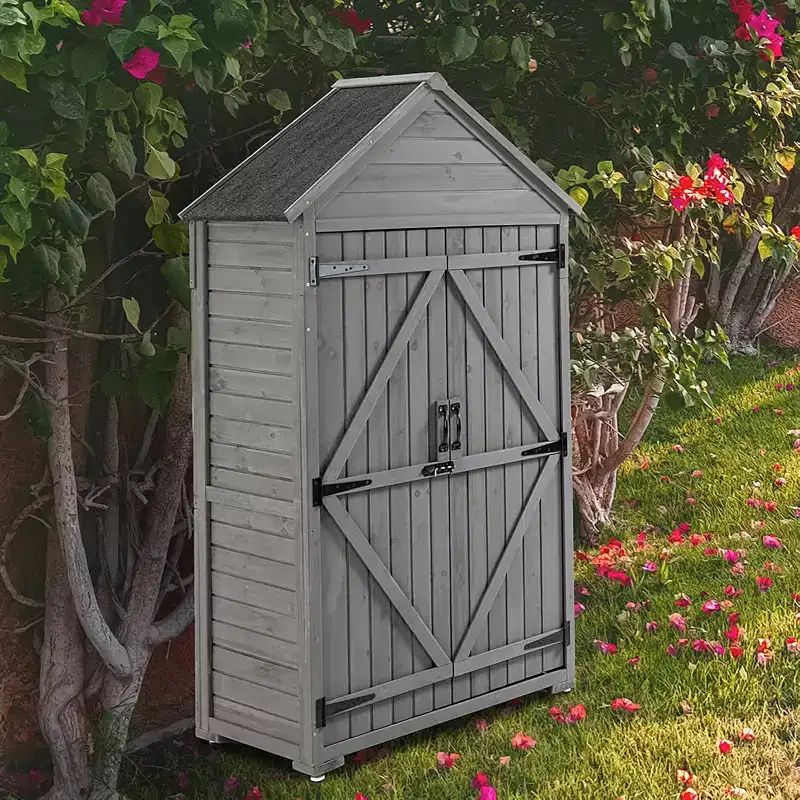 Outdoor Storage Cabinet, Wood Garden Tall Shed,Outside Vertical Shed with 3 Shelves,Waterproof Outside Garden Storage Cabinet, Grey
