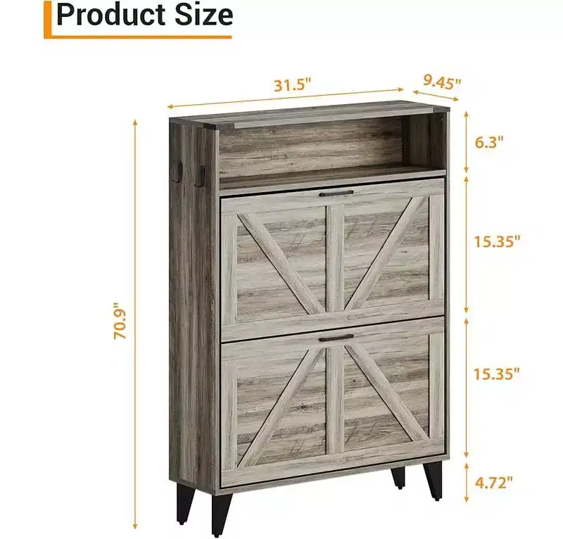 Gray / White Slim Flip-Door Shoe Cabinet with Metal Legs, 2-Drawer, Family Use