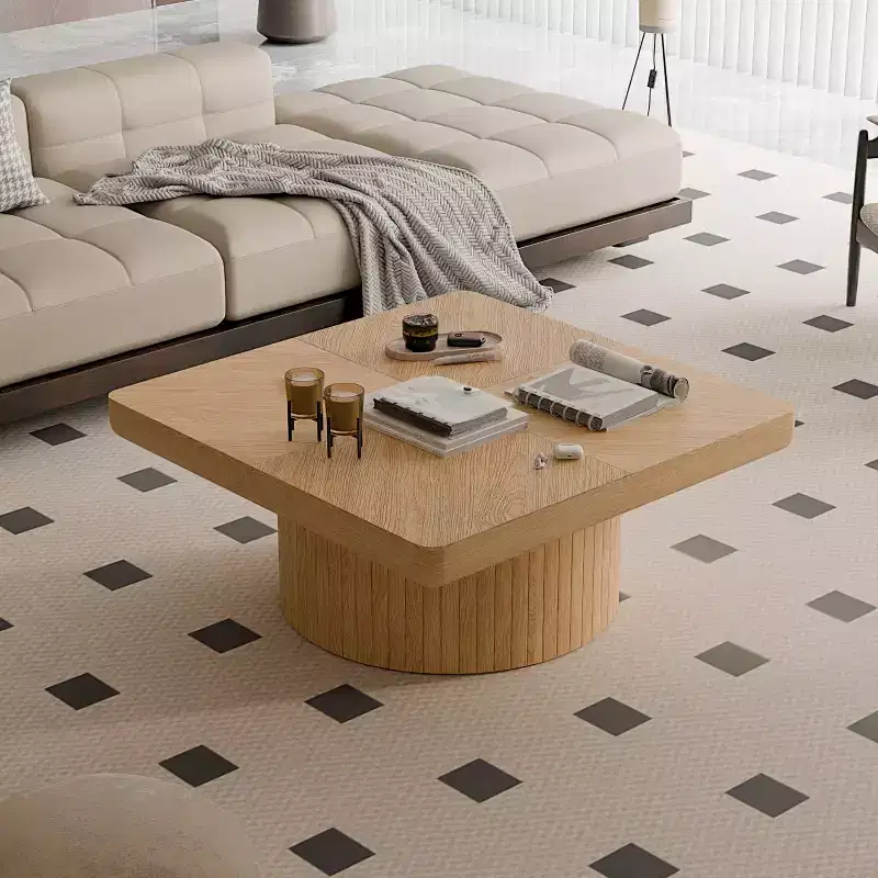 Square Coffee Table for Living Room, Wood Veneer Top with Parquet Pattern, Natural Wood
