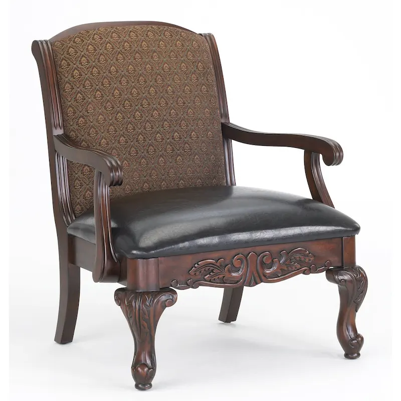 Traditional Carved Accent Chair | Walnut Solid Birch Frame | Brown Faux Leather & Jacquard Seat